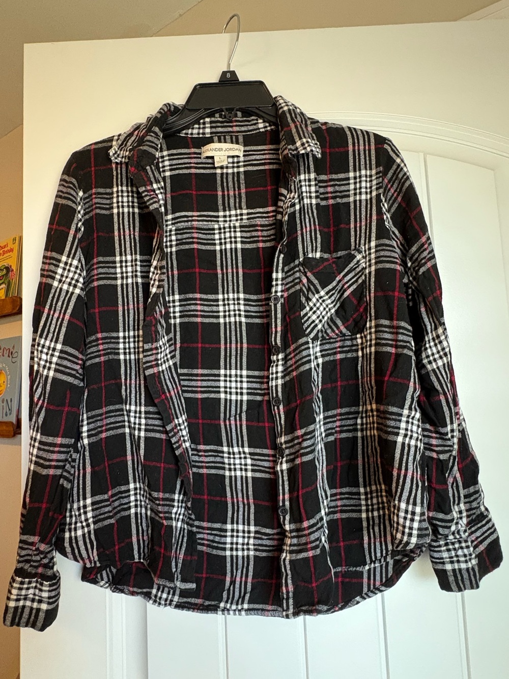 Black White and Red Plaid Button-Up Flannel